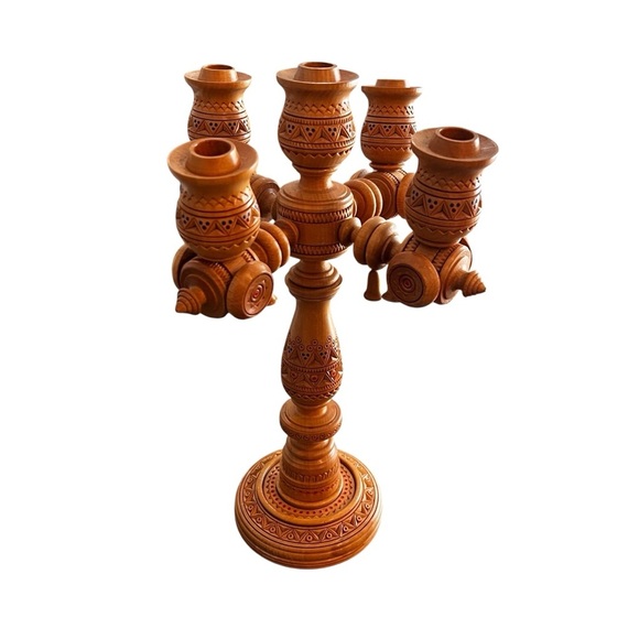 Hand Crafted Other - Large 14” Scandinavian German Turned Wood Beaded 5 Arm Candelabra